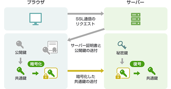 SSL/TLS通信の仕組みを示すイラスト(クライアントとサーバー間の鍵交換プロセス)